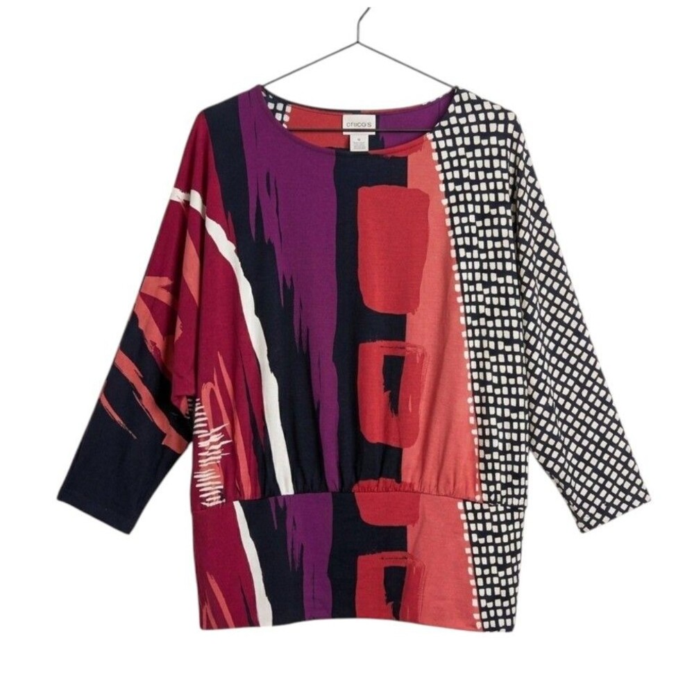 Chicos Artsy Abstract Banded Hem Soft Stretch Dolman Sleeve Top